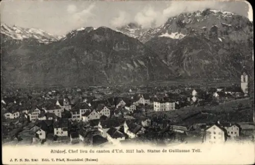 Ak Altdorf Kt Uri,  Statue von Guillaume Tell, Berge im Hintergrund, Schweizer Landschaft