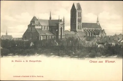 Ak Hansestadt Wismar, St. Marien und St. Georgenkirche, Lichtdruck, Gruss aus Wismar
