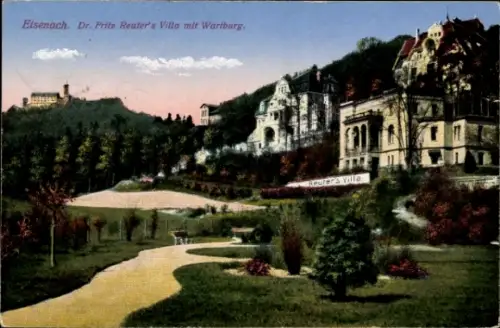 Ak Lutherstadt Eisenach in Thüringen,  Dr. Frita Reuter's Villa, Wartburg, Gartenlandschaft