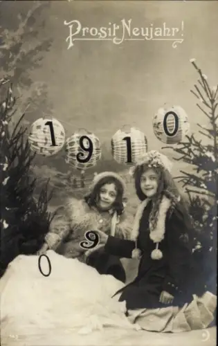 Ak Glückwunsch Neujahr, Jahreszahl 1910, zwei Mädchen