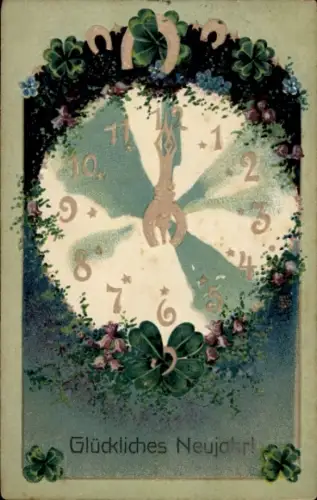 Präge Ak Glückwunsch Neujahr, Kleeblatt, Uhr