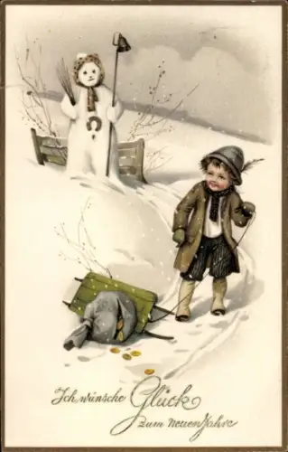 Ak Glückwunsch Neujahr, Schlitten, Geldsack, Schneemann
