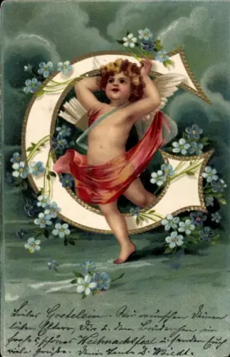 Präge Buchstaben Litho Buchstabe C, Engel, Vergissmeinnicht