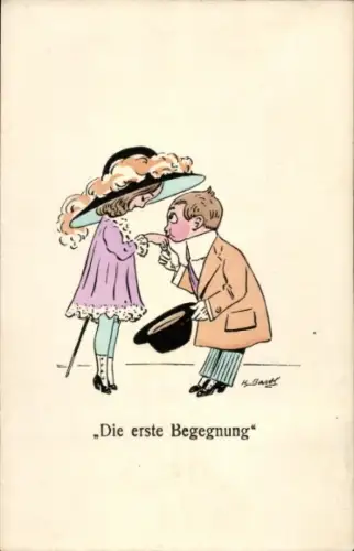 Künstler Ak Die erste Begegnung, Junge Frau in Hochschuhen, Damenhut, Handkuss