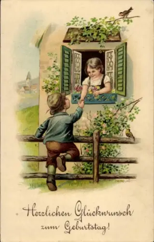 Ak Glückwunsch Geburtstag, Junge gratuliert einem Mädchen
