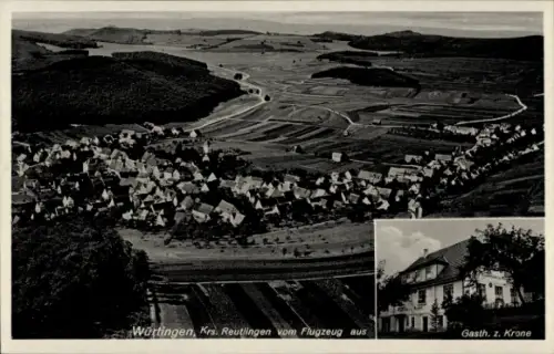 Ak Reutlingen in Württemberg, Luftaufnahme von Würtingen, Gasthaus zur Krone, ländliche Umgebung