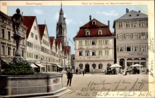 Ak Reutlingen in Baden Württemberg, Partie am Marktplatz, Maximiliansbrunnen, Felix Heid, Apotheke