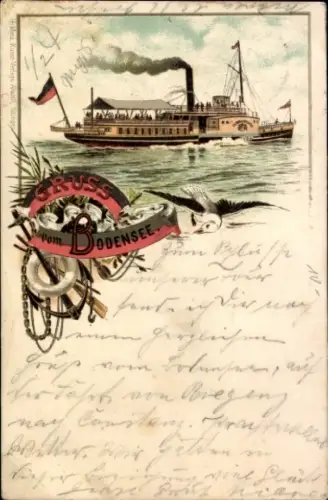 Litho Bodensee, Dampfer, Möwe