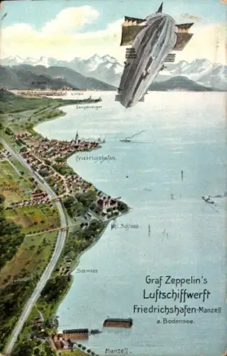 Ak Manzell Friedrichshafen am Bodensee, Zeppelin, Luftschiffwerft, Seemoos, Schloss, Langenargen