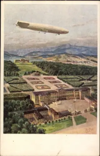 Künstler Ak Ruep, Wien 13. Hietzing, Zeppelin Schütte Lanz über dem Schloss Schönbrunn, SL 2