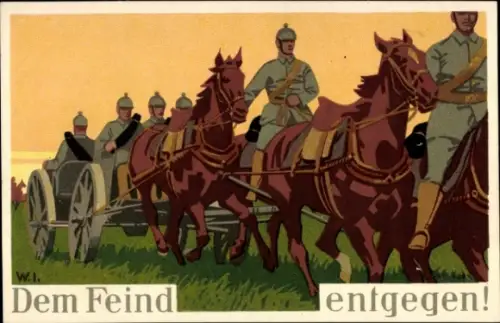 Steindruck Ak Dem Feind entgegen, Artillerie Konvoi
