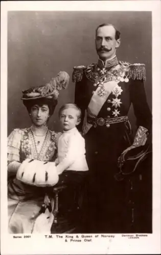 Ak König Haakon VII. von Norwegen, Königin Maud, Prinz Olav, Portrait