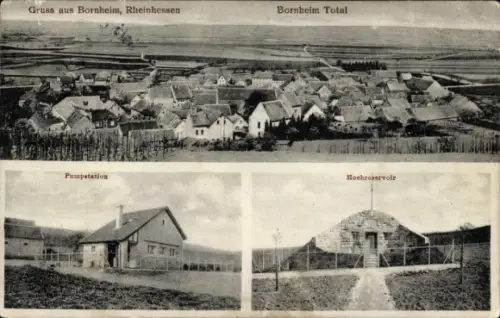 Ak Bornheim in Rheinhessen, Gesamtansicht, Pumpstation, Hochreservoir