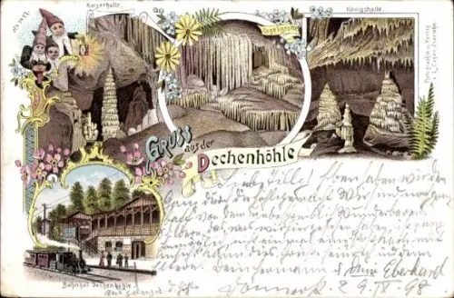 Litho Grüne Iserlohn im Märkischen Kreis, Dechenhöhle, Königshalle, Zwerge, Orgelgrotte, Bahnhof