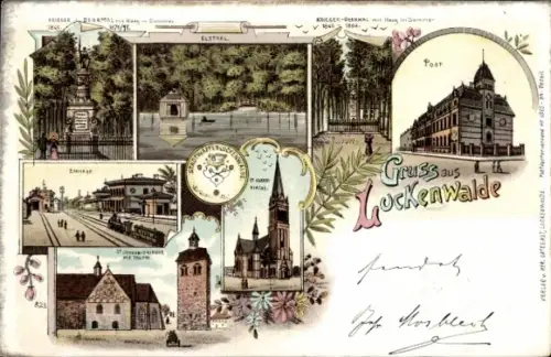 Litho Luckenwalde, Elstal, Post, Kriegerdenkmal, Bahnhof, St. Johanniskirche
