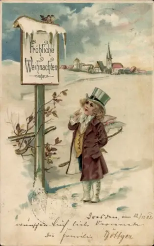 Litho Frohe Weihnachten, Engel, Dorfidyll