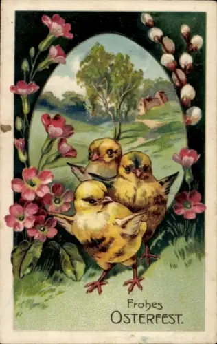 Ak Glückwunsch Ostern, Küken, Weidenkätzchen, Blumen