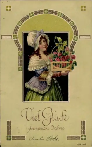 Präge Ak Glückwunsch Neujahr, junge Frau, Kleeblatt, Rosen