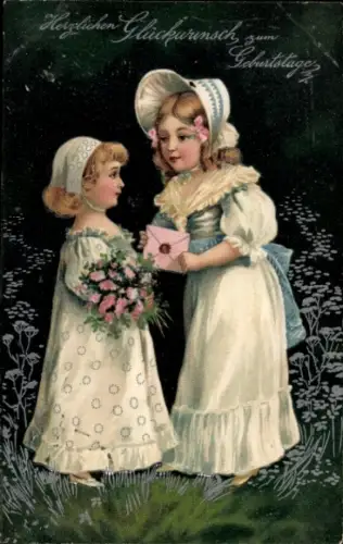 Präge Ak Glückwunsch Geburtstag, zwei Mädchen, Blumen, Brief