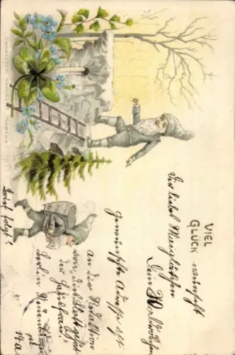 Litho Glückwunsch, Zwei Zwerge, Glücksklee