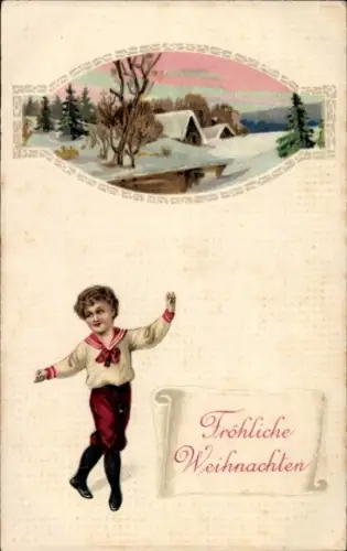 Präge Passepartout Ak Frohe Weihnachten, Dorfidyll, Junge