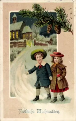 Präge Ak Glückwunsch Weihnachten, Kinder, Tannenzweige, Kirche