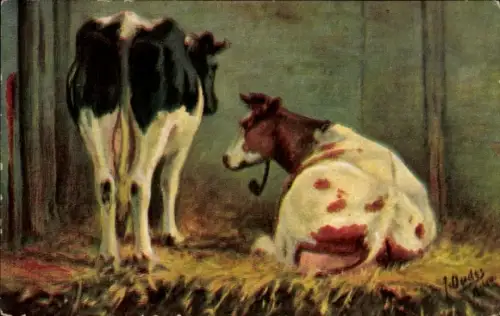 Künstler Ak Zwei Kühe im Stall