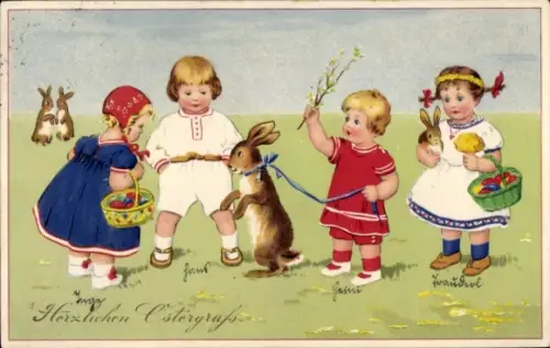 Ak Glückwunsch Ostern, Kinder spielen mit Osterhasen, Osterkörbe