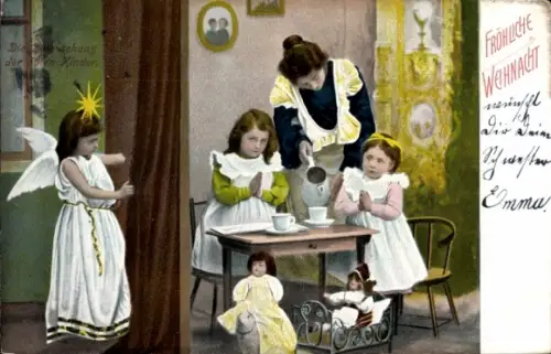 Ak Frohe Weihnachten, Mutter mit Kindern, Engel