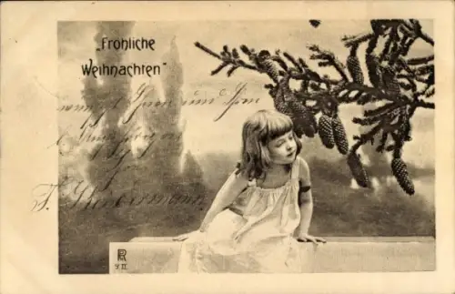 Ak Frohe Weihnachten, Mädchen, Tannenzweig mit Zapfen