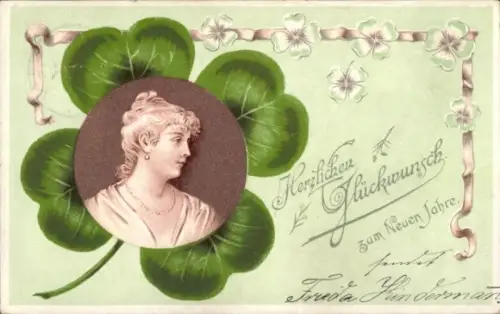 Ak Glückwunsch Neujahr, Klee, Frauenbildnis