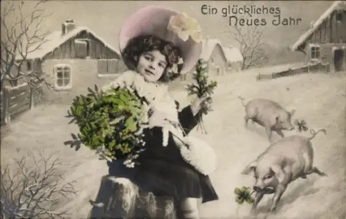 Ak Glückwunsch Neujahr, Mädchen, Schweine, Kleeblatt