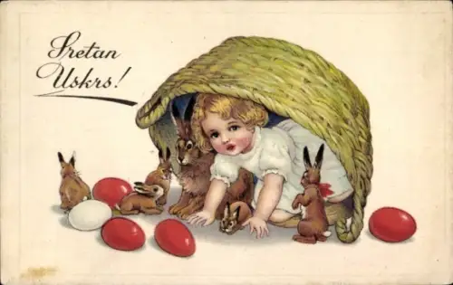 Litho Glückwunsch Ostern, Mädchen, Osterhasen, Ostereier