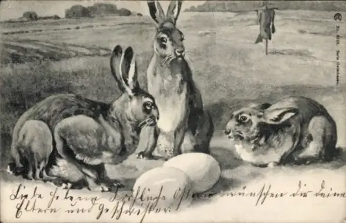 Ak Ostern, Osterhasen, Ostereier