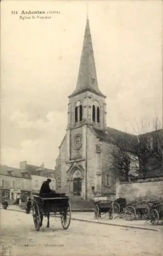 Ak Ardentes Indre, Kirche St-Vincent, Stadtansicht, Kutsche,  Architektur
