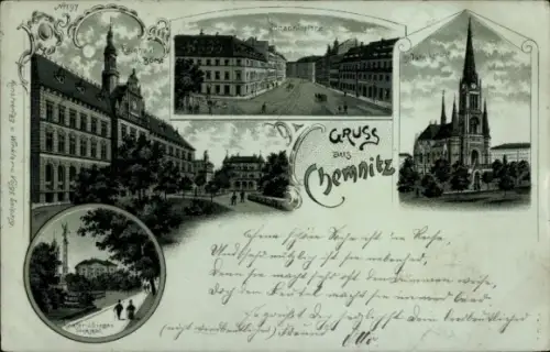 Litho Chemnitz in Sachsen, Kirche, Rathaus, Börse, Kirche, Denkmal