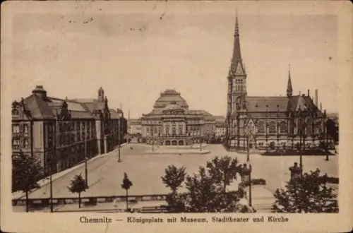 Ak Chemnitz in Sachsen, Königsplatz, Museum, Stadttheater, Kirche, s Gebäude