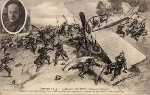 CPA Guerre 1914, L'Aviateur Reymond blessé mortellement atterrit entre les lignes franco-allemandes