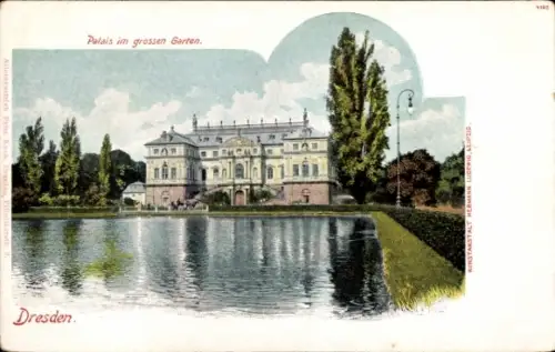 Ak Dresden Altstadt, Palais im grossen Garten,  Wasserfläche, Bäume,  Architektur