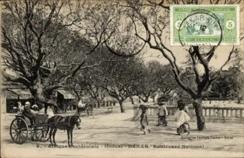Ak Dakar Senegal, Boulevard National, Pferdekutsche, Bäume, Menschen, Poststempel