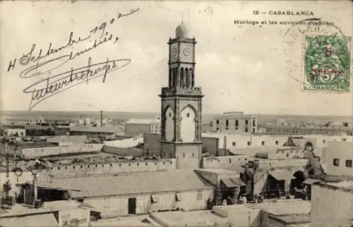 Ak Casablanca Marokko, Stadtansicht von  Uhrturm, Marktstände, Poststempel