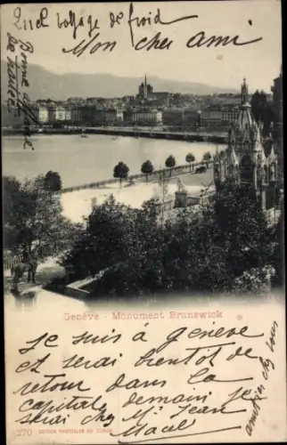 Ak Genève Genf Schweiz,  Monument Brunswick, Seeansicht, Text in Französisch