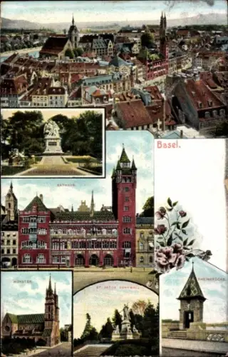 Ak Basel Stadt Schweiz, Stadtansicht  Münster, Rathaus, St. Jakob Denkmal, Blumenmuster
