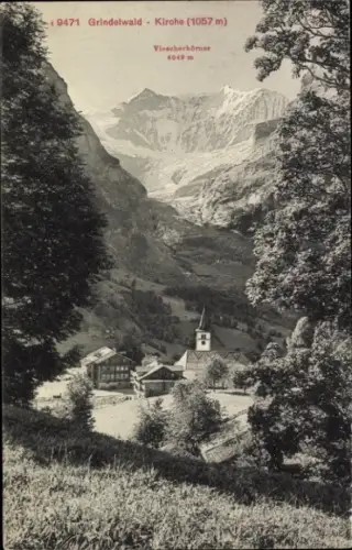 Ak Grindelwald Kanton Bern,  Kirche, Viescherhörner, Berge, Landschaft