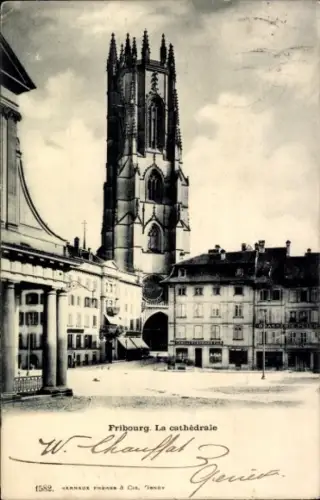 Ak Fribourg Freiburg Stadt Schweiz, Kathedrale von  Turm, Stadtansicht, Schwarz-Weiß-Foto
