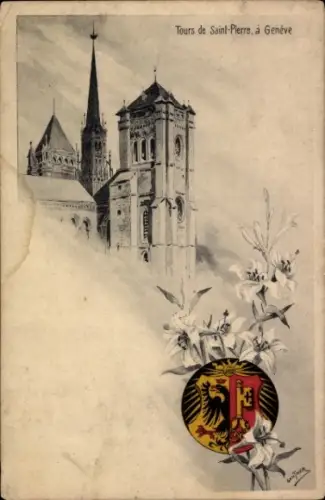 Ak Genève Genf Schweiz, Zeichnung von Tours de Saint-Pierre, Wappen mit Löwe, Blumenmuster