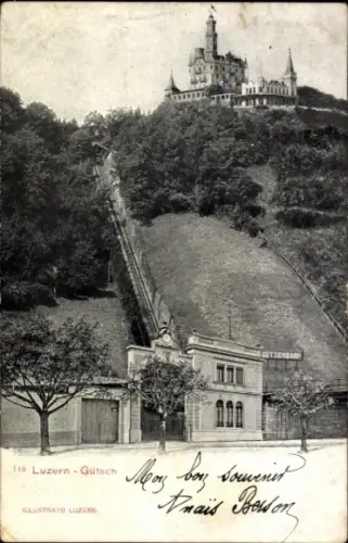 Ak Lucerne Luzern Stadt Schweiz, Luzern-Gütsch, Bergbahn, Schloss, Illustrato Luzern