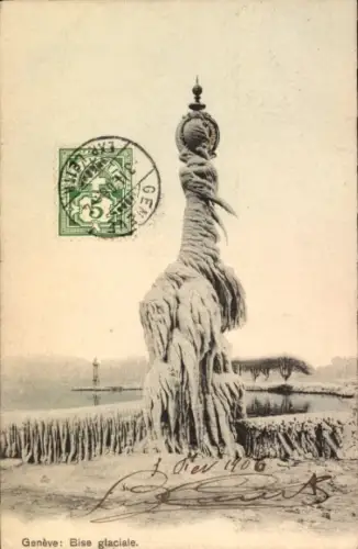 Ak Genf Stadt Schweiz, Eisige Statue, Genfersee, Bise glaciale, Poststempel