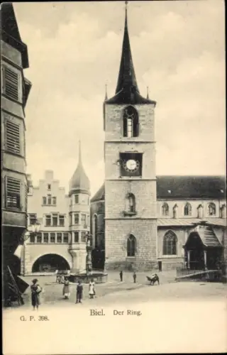 Ak Biel Bienne Kt. Bern,  Der Ring, Uhrturm, Menschen,  