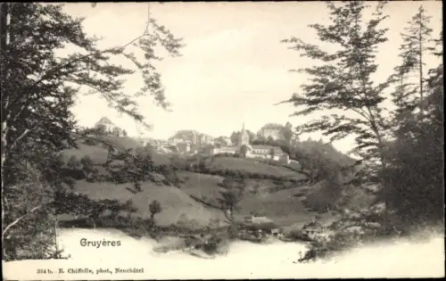 Ak Gruyères Kanton Freiburg Schweiz, Landschaft mit  Bäume im Vordergrund, Schwarz-Weiß-Foto